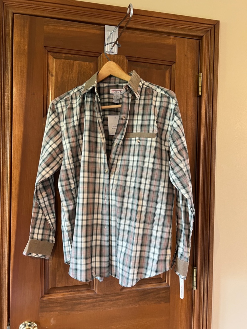 Talbots Plaid Button-Down Shirt in Green, Brown and White